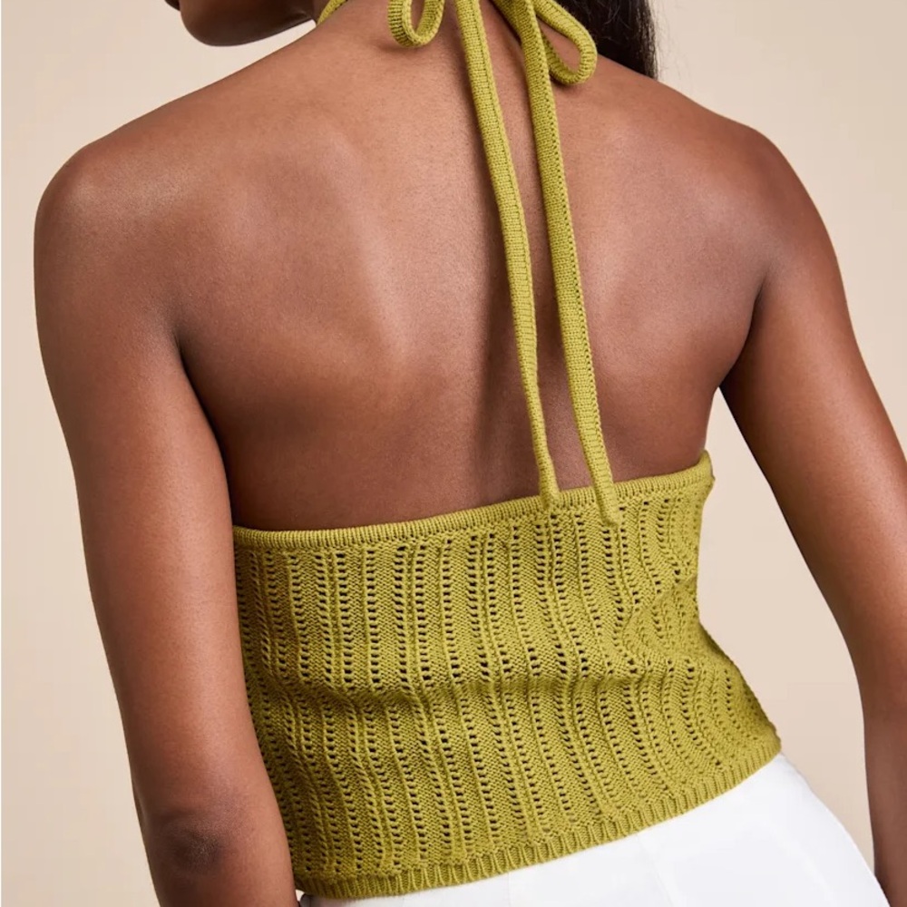Lulus Serena Olive Green Sweater Knit Halter Cropped Top 💚 Size XS - Picture 4 of 7